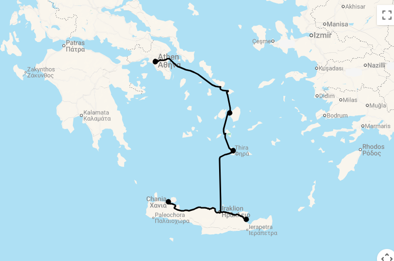 Karte Inselhopping Griechenland - Luxus & Kultur auf Kreta, Santorini, Naxos & Athen