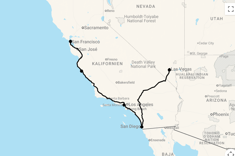 Karte Kalifornien & Las Vegas - Luxusmomente zwischen Küste & Entertainment