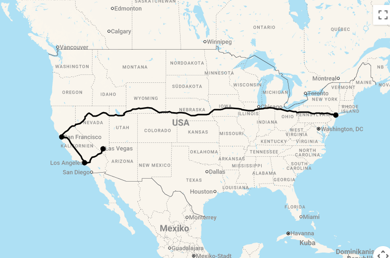 Karte Luxus Cityhopping USA: New York, San Francisco, Los Angeles & Las Vegas entdecken