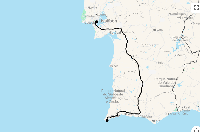 Karte Rundreise entlang des Atlantiks in Portugal